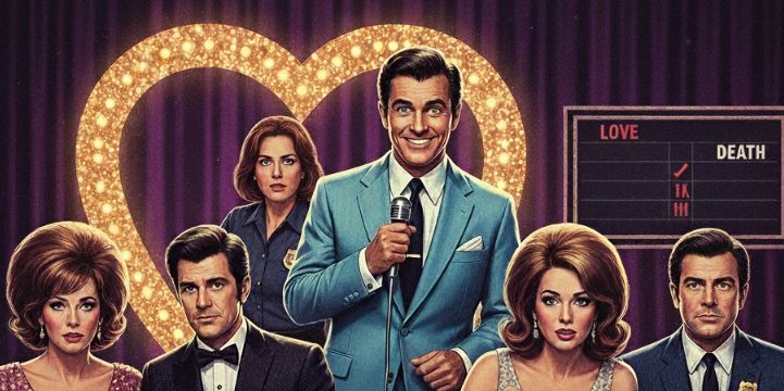 1960s-style cartoon of couples playing The Newlywed Game. The scoreboard says "Love" and "Death."