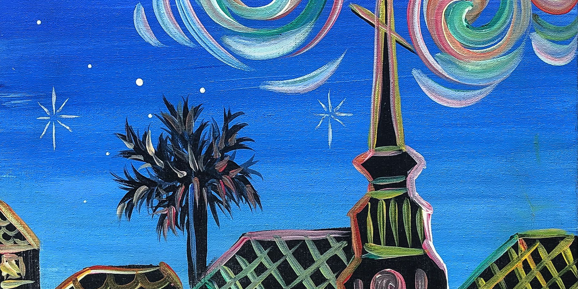 Detail of painting of downtown Charleston, SC at night, with a church spire and a Palmetto tree.