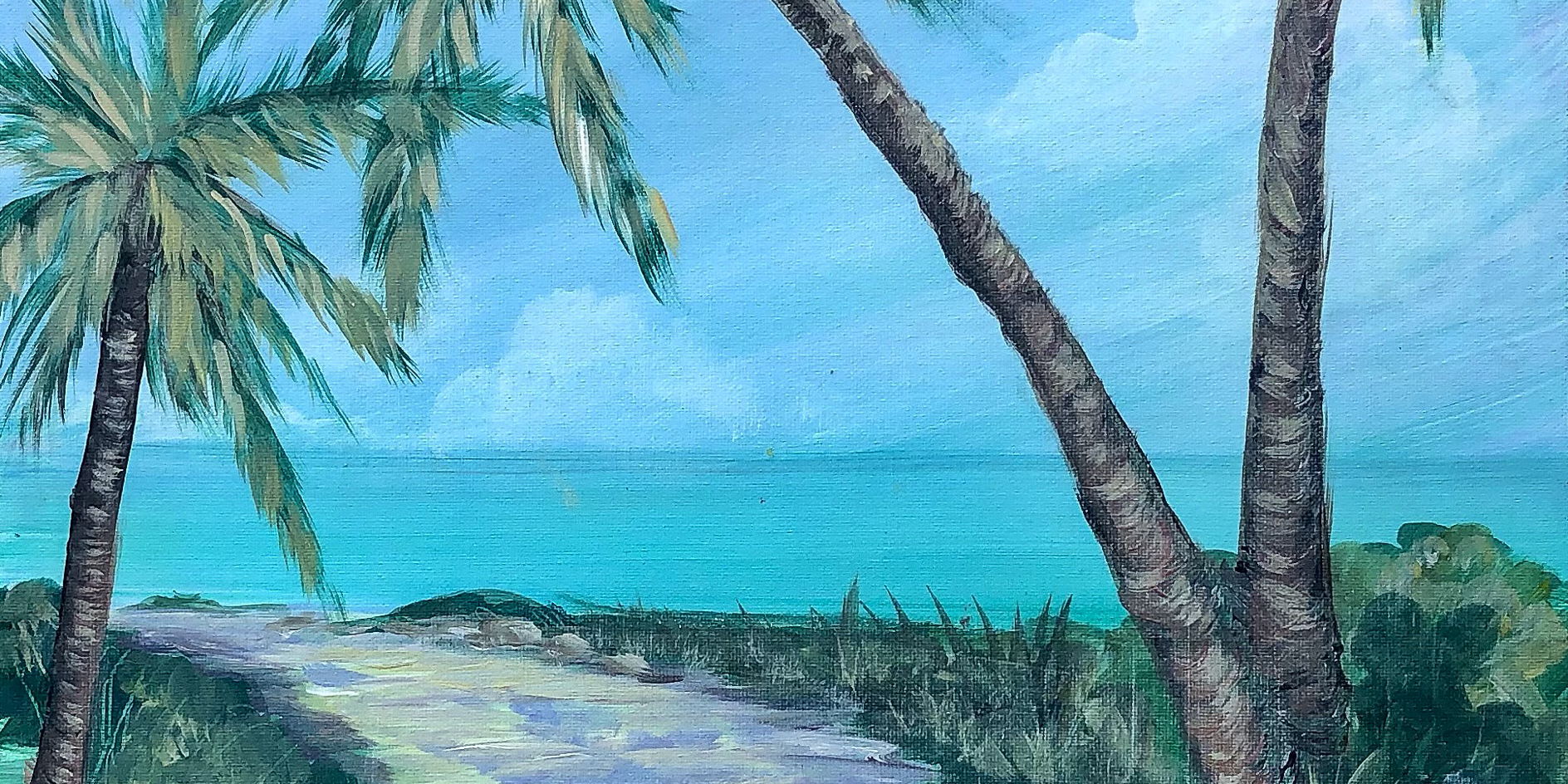 Painting of a tropical ocean scene with a path, grasses, and palm trees.