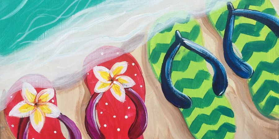 Painting of 2 pairs of flip flop shoes on sand with water washing over the tips.