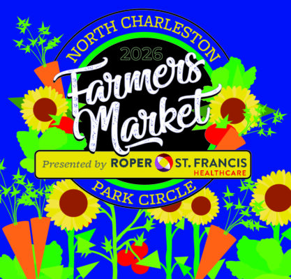 Brightly colored graphic of sunflowers, carrots, tomatoes and lettuce against a blue background.