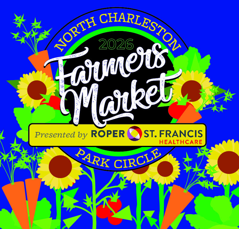 Brightly colored graphic of sunflowers, carrots, tomatoes and lettuce against a blue background.