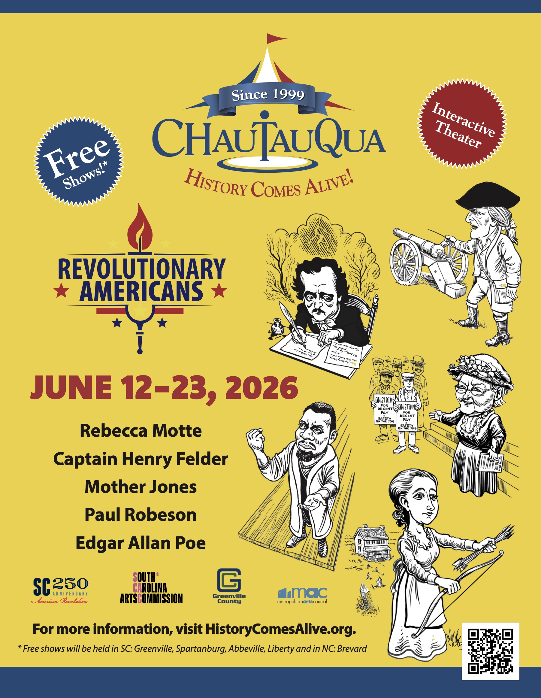 Caricatures of Rebecca Motte, Captain Henry Felder, Mother Jones, Paul Robeson, and Edgar Allan Poe.