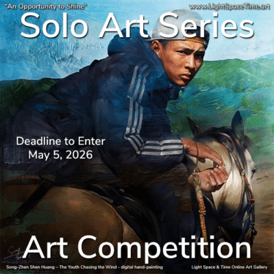 Digital hand-painting by Song-Zhen Shen Huang shows a person of color leaning on a saddled horse.