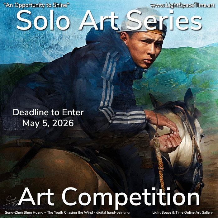 Digital hand-painting by Song-Zhen Shen Huang shows a person of color leaning on a saddled horse.