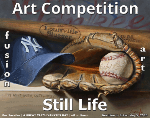 Painting of a baseball bat, a Yankees ball cap, a worn catcher's mitt, and a signed baseball.