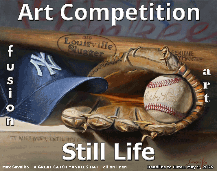 Painting of a baseball bat, a Yankees ball cap, a worn catcher's mitt, and a signed baseball.