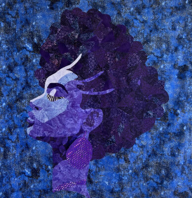 Fiber collage portrait in blues and purples, of a Black woman in profile.