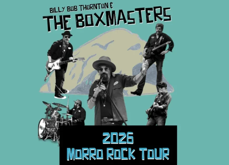 5 black and white images of 3 guitarists, a drummer, and Billy Bob Thornton singing at a microphone.