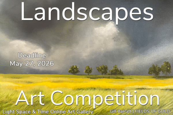 Gill Barratt's artwork, Fields of Gold, shows a large grassy field with an approaching thunderstorm.
