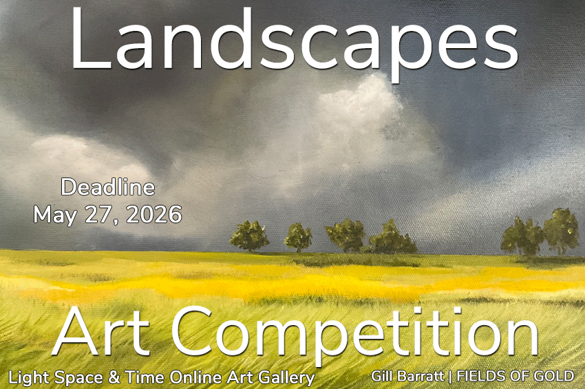 Gill Barratt's artwork, Fields of Gold, shows a large grassy field with an approaching thunderstorm.
