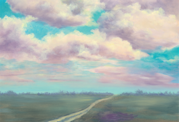 A green field with a small path to the horizon, with pink and white clouds in a bright blue sky.