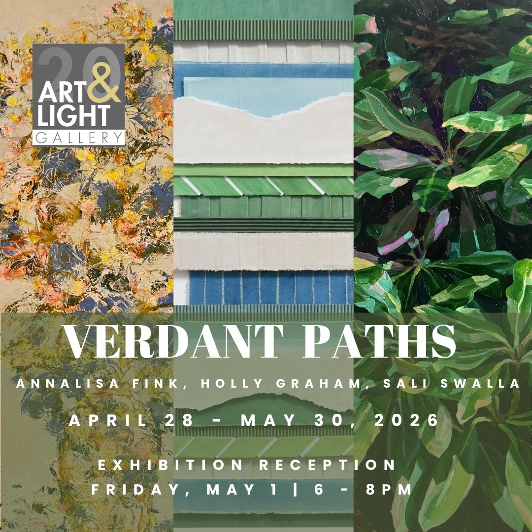 Painting of a vase of pastel flowers; collage of horizontal strips; painting of green leaves.