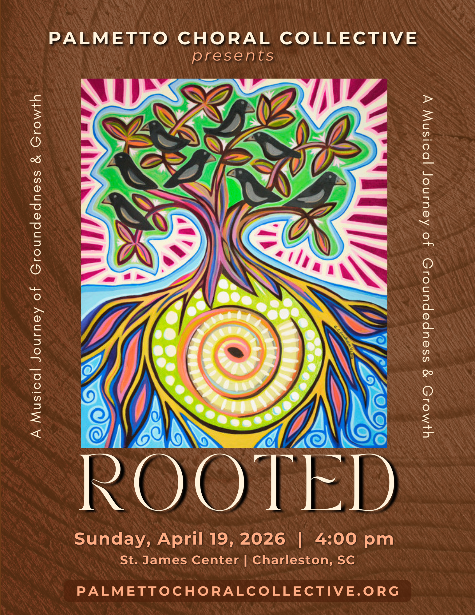 Graphic depiction of a tree full of birds, with roots growing around a spiral shape underground.