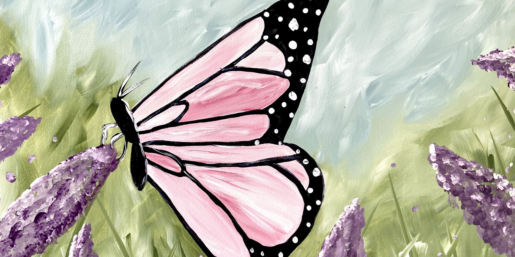 Painting of a pink and black butterfly alight on a lavender blossom among many.