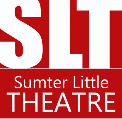 Logo for Sumter LIttle Theatre, white text on a red background