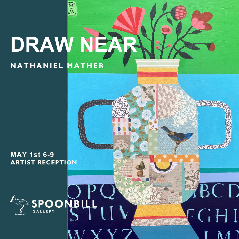 Collage-style artwork of a handled jug holding flowers, on a surface stamped with the alphabet.