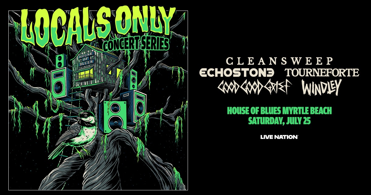 Surreal dark poster with neon green "LOCALS ONLY" text, a gnarled tree house, and a large bird.