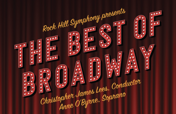 The Best of Broadway, in capital letters with marquee lights, in front of a red theatrical curtain.