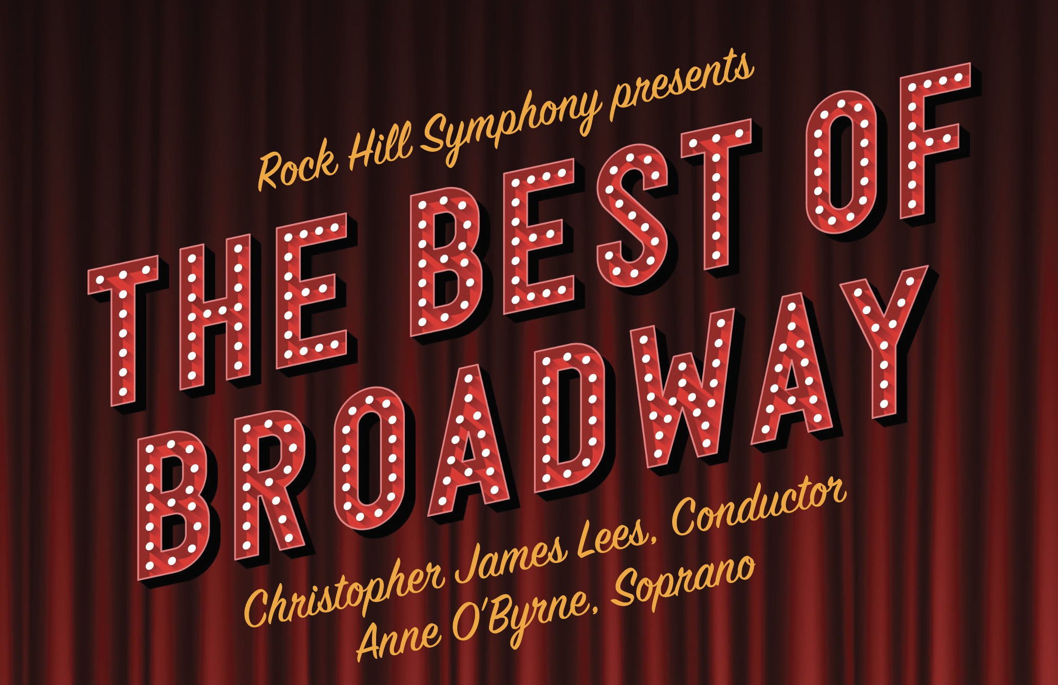 The Best of Broadway, in capital letters with marquee lights, in front of a red theatrical curtain.