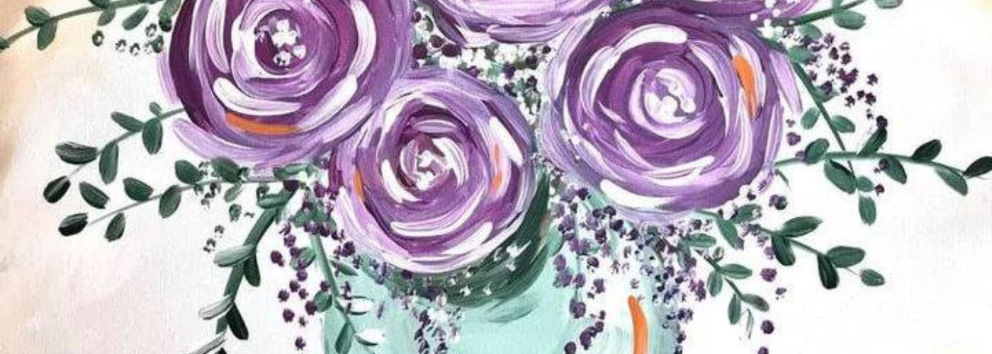 Painting of purple roses in a green vase with green stems and leaves and tiny purple filler flowers.