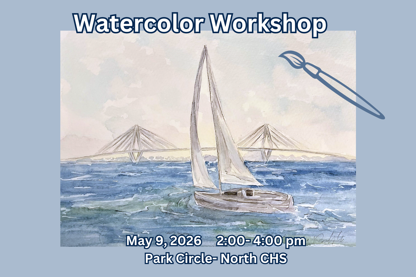 Watercolor painting of a sailboat on the water near a suspension bridge.