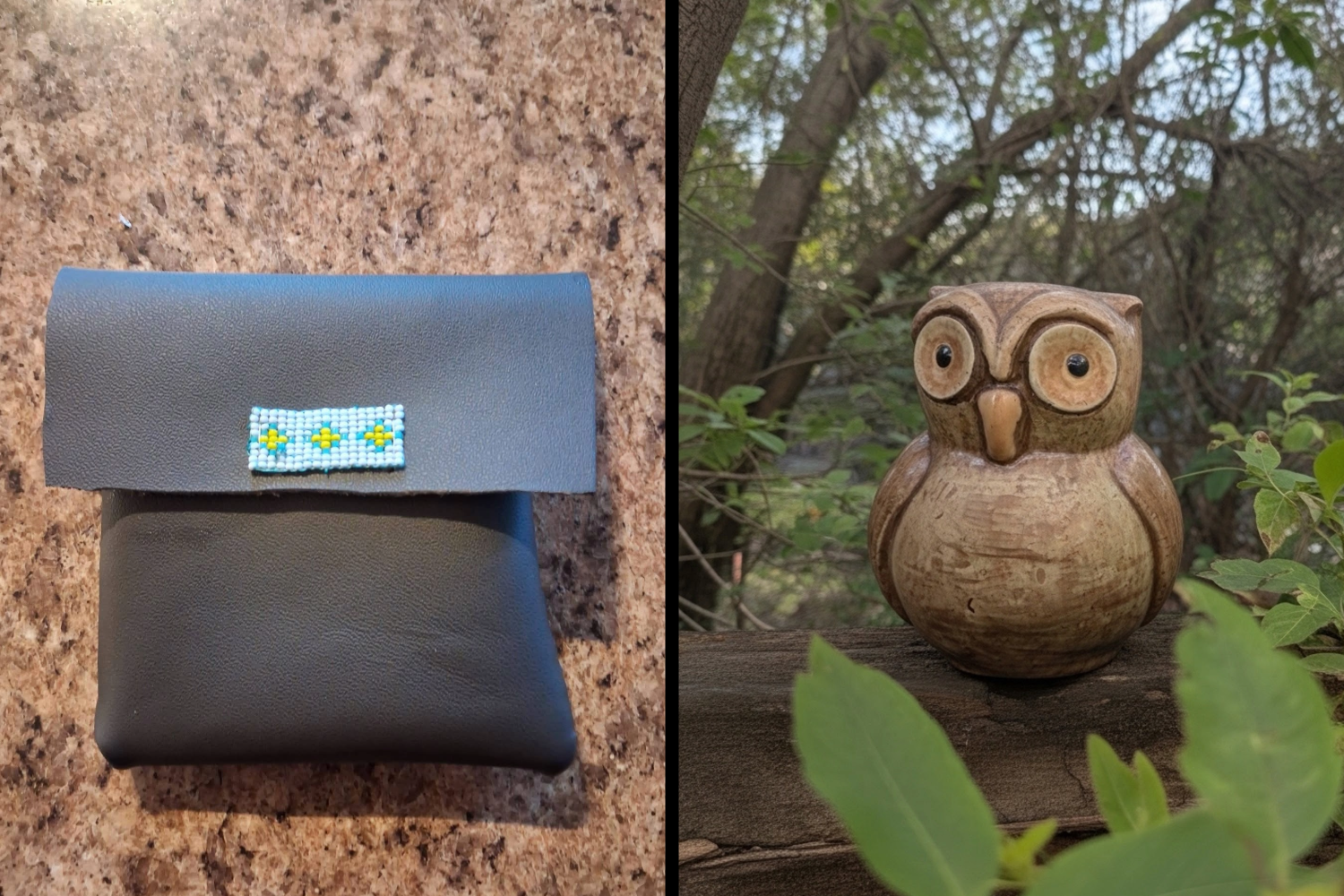 Collage of brown medicine bag with multicolor beadwork on it and owl made of pottery
