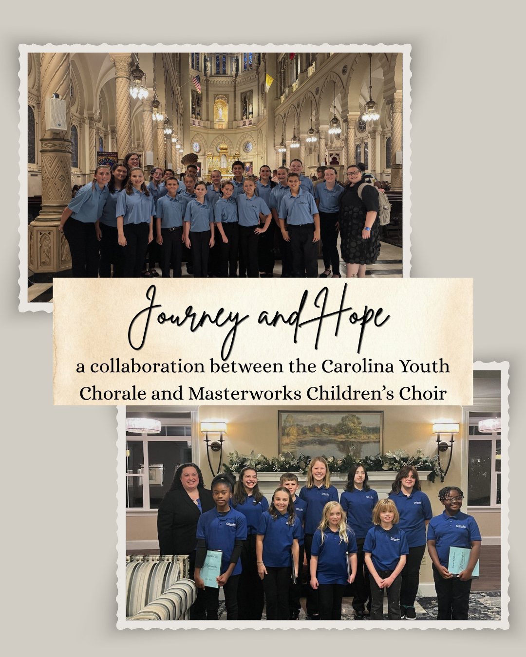 A 20-member youth choir poses in a cathedral. A 10-member youth choir poses in a living room.