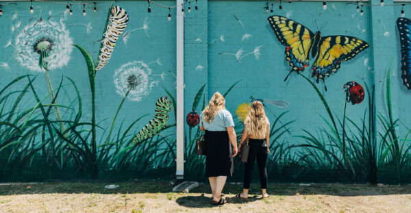 Two women look at a "larger than life" mural showing insects amid grasses against a blue sky.
