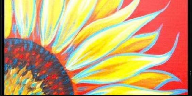 Painted sunflower with bright yellow petals and multicolored center, on a bright orange background.