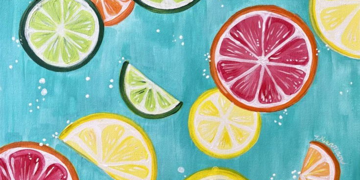 Painting of citrus slices in orange, pink, yellow, and green on an aqua background.