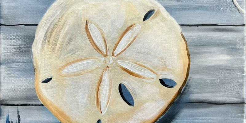 Close up painting of a sand dollar on a gray wood background.