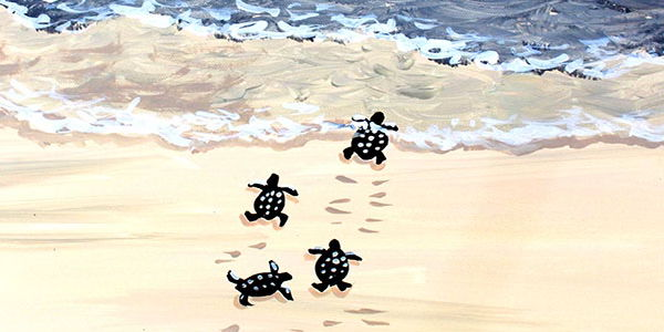 Painting of 4 dark turtles crossing a beach toward ocean water.