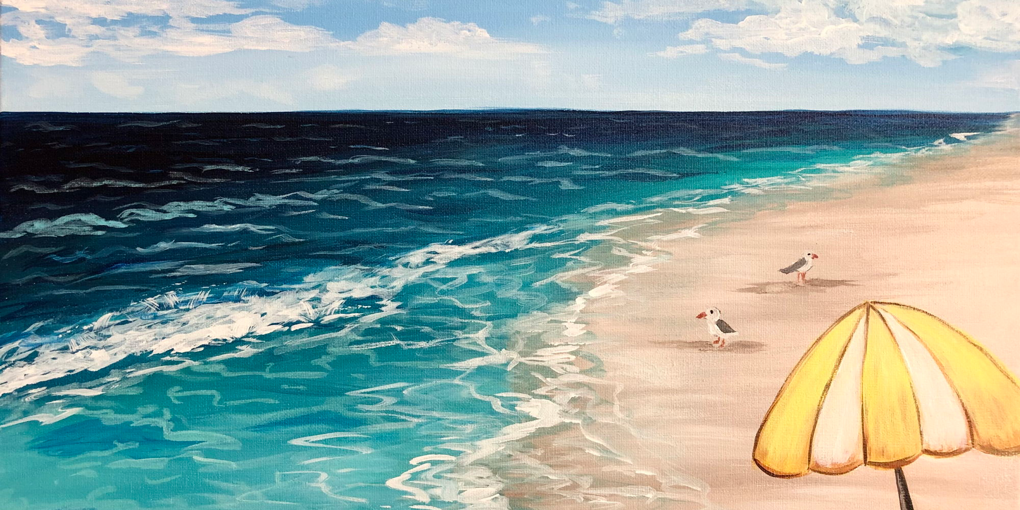 Painting of two birds standing on an ocean beach, with a yellow and white striped umbrella nearby.