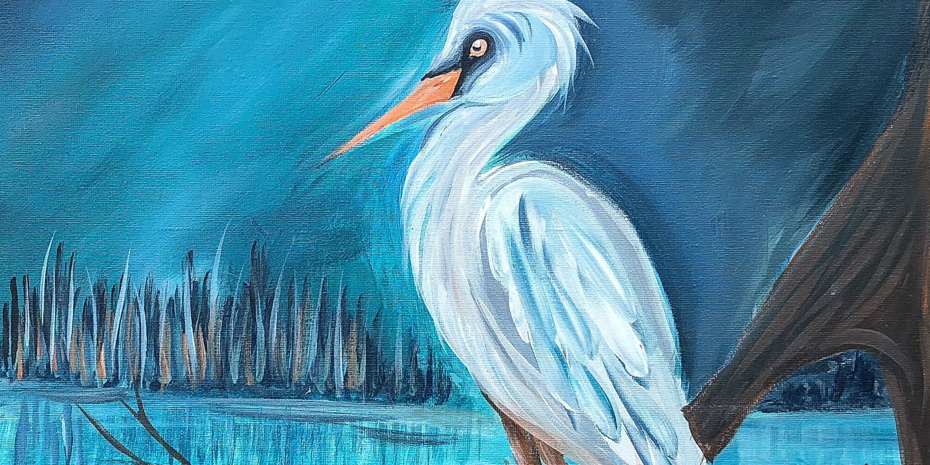 A white egret standing near water in a blue-toned painting.