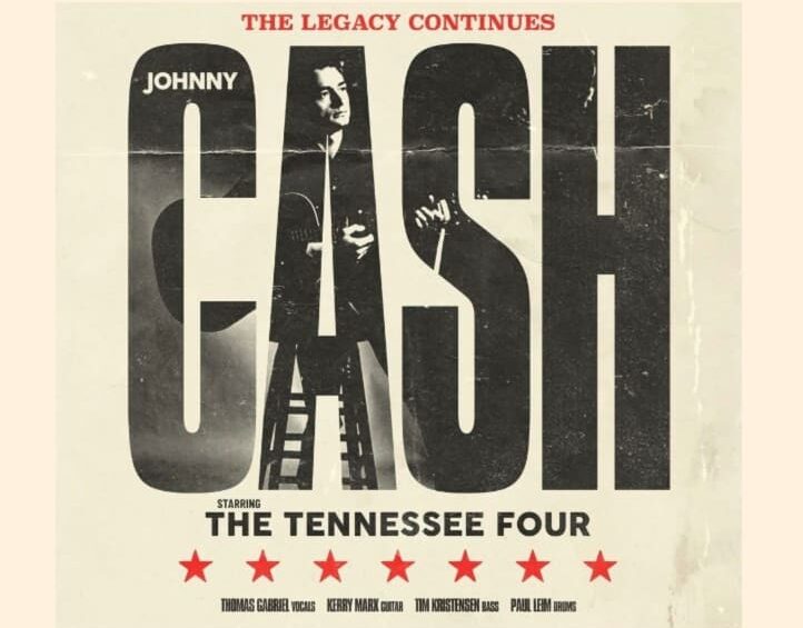 A black and white photo of Johnny Cash fills large block letters that spell out "CASH."