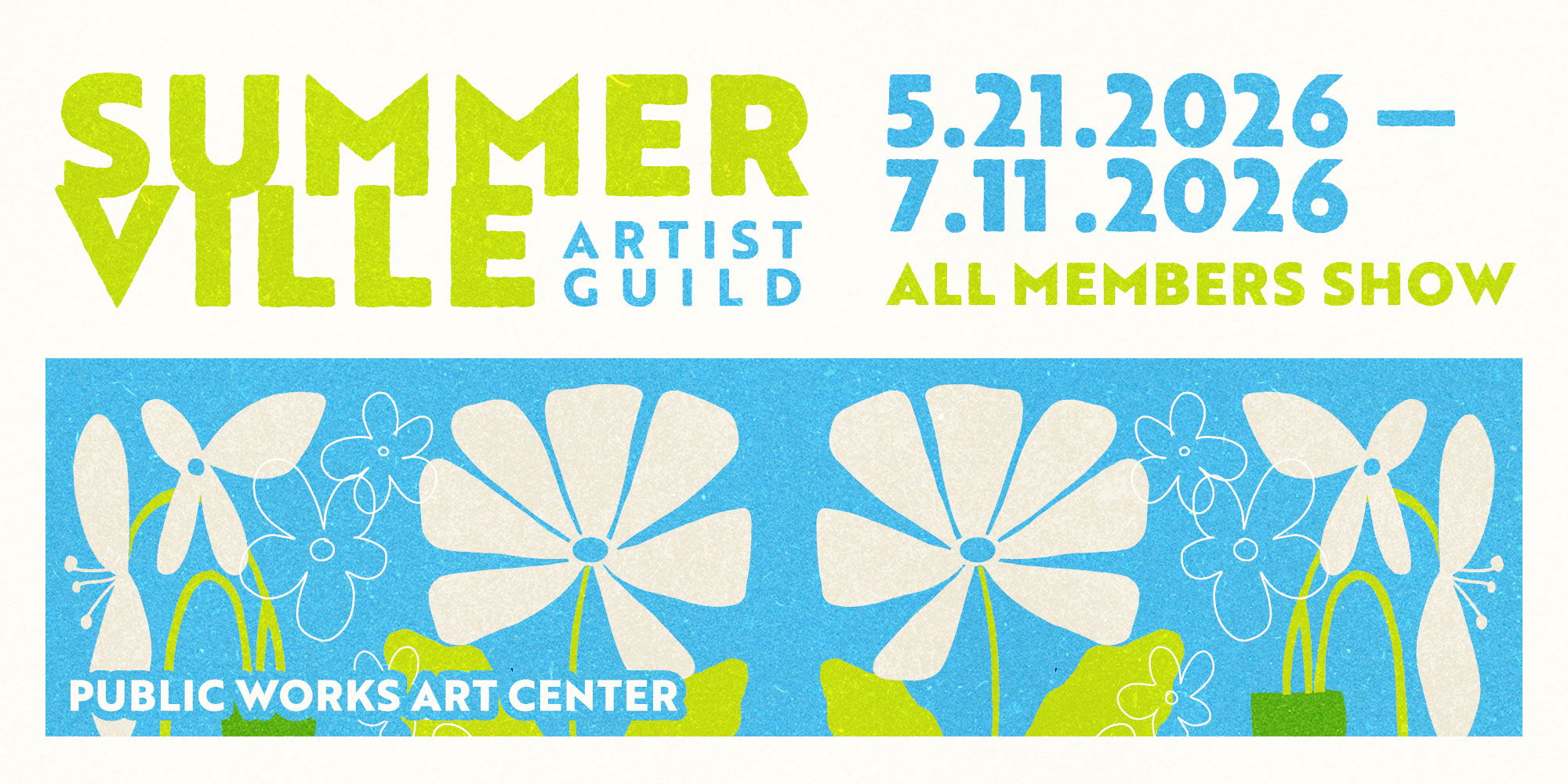 Graphic flower shapes in bright green and cream, against a bright blue background.