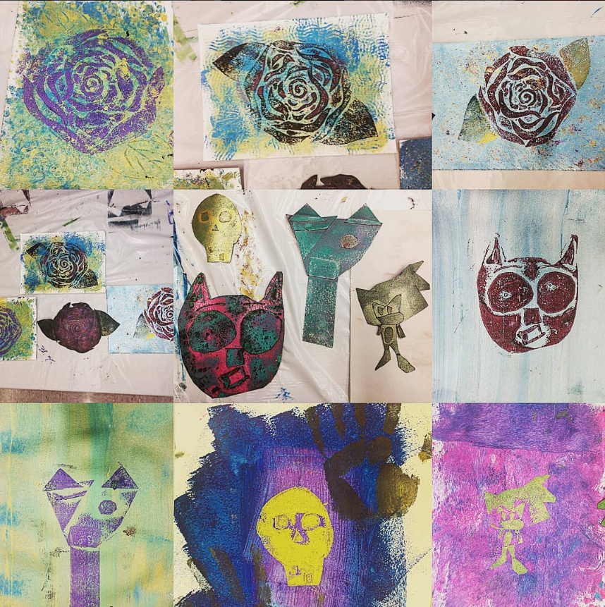 9 examples of printmaking techniques, with stylized roses and animals in green, purple, and yellow.