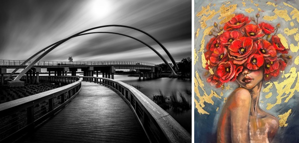 Black and white photo of a boardwalk and bridge. Painting of a woman with red poppies for hair.