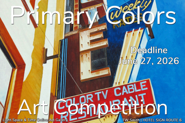 Close-up painting of a retro, weathered hotel neon sign complex using bold primary colors.