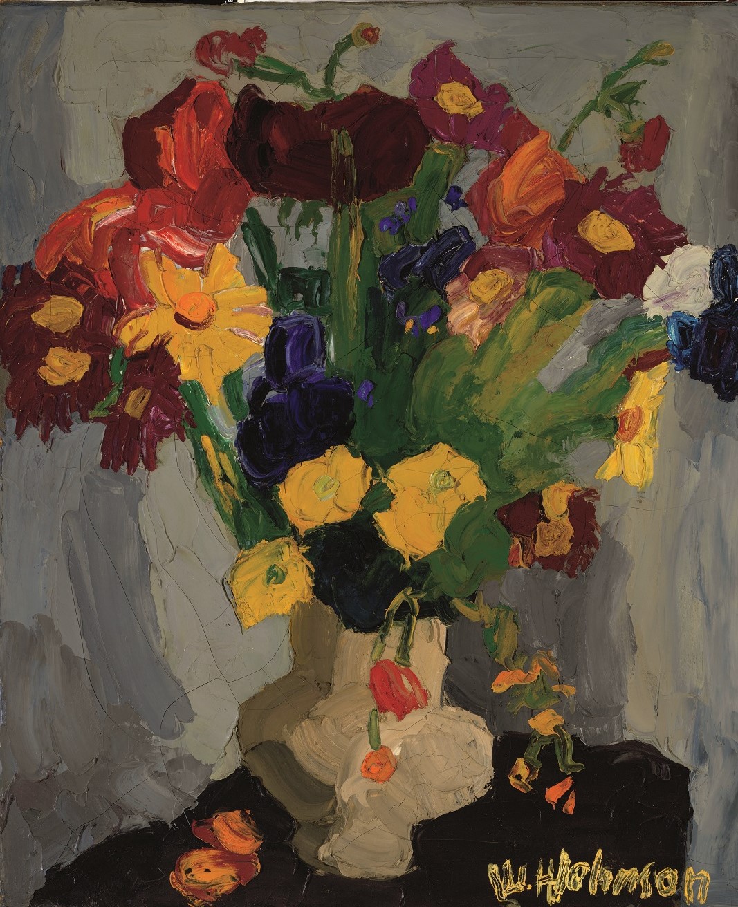 Oil painting by William H. Johnson. Brightly colored flowers in a brown vessel, on a dark table.