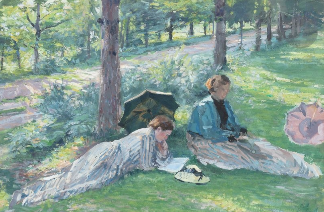 Impressionist painting of two women relaxing on the grass under a tree.