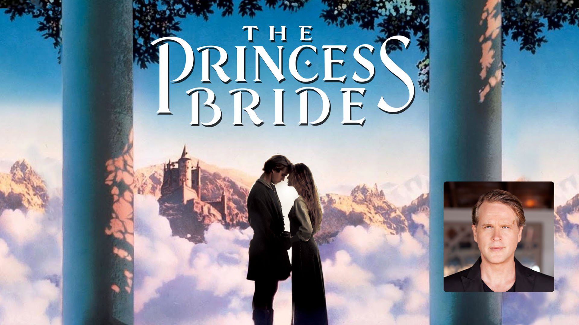 Detail of movie poster for The Princess Bride. Inset of a man with blond hair wearing a black shirt.