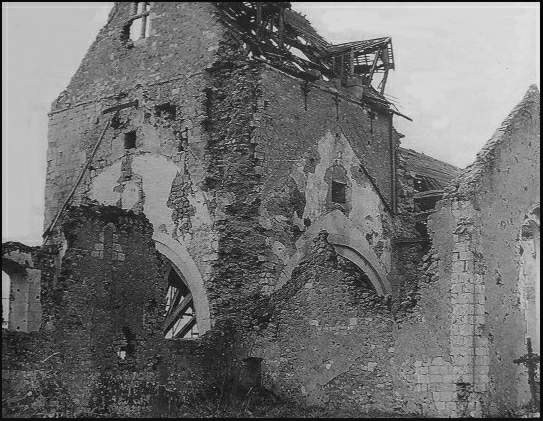 The ruins of a church in Graignes, France, after bombing in World War 2.