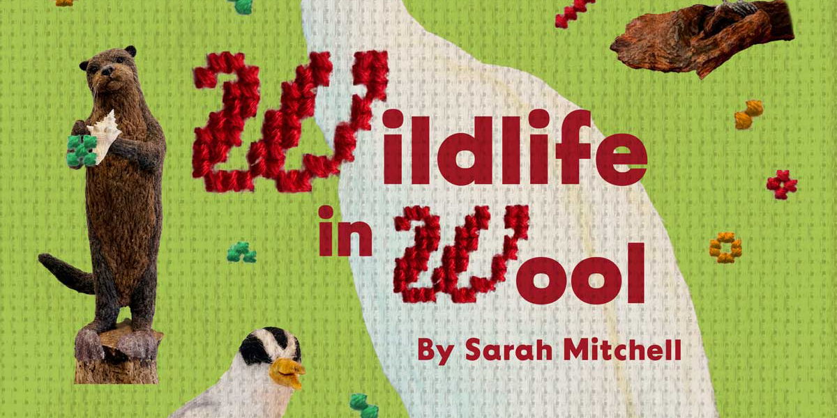 Apple green and white cross-stitch fabric with animal photos including an otter and a penguin.