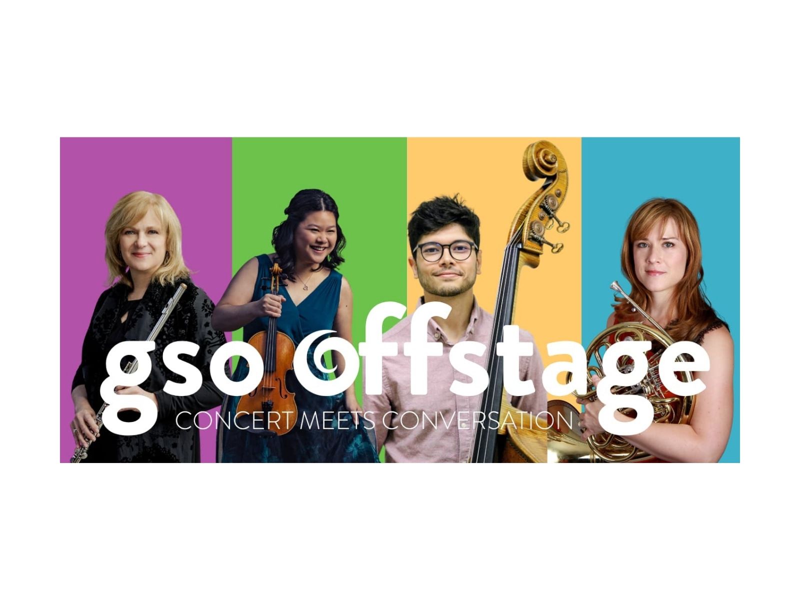GSO Offstage: Concert Meets Conversation. 4 photos of orchestral musicians with their instruments.