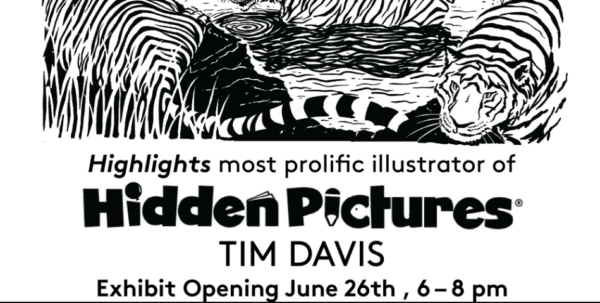 A black-and-white drawing of a tiger in the jungle with hidden shapes.