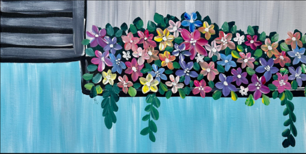 Painting of a blue window box with multicolored flowers and vines.
