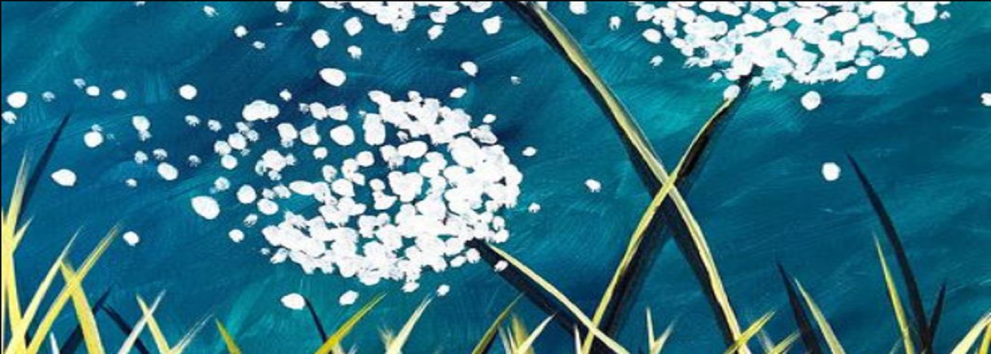 Detail of a painting of white dandelion fluff against blue sky, amid blades of green grass.