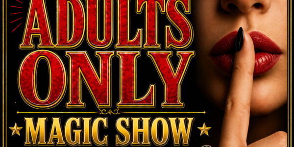 Adults only magic show ad, with a woman's lips covered by a single finger in the "shhh" gesture.